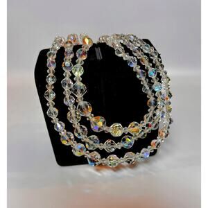 VINTAGE Three Tier Multi-Faceted Aurora Borealis Cut Crystal Necklace 18”